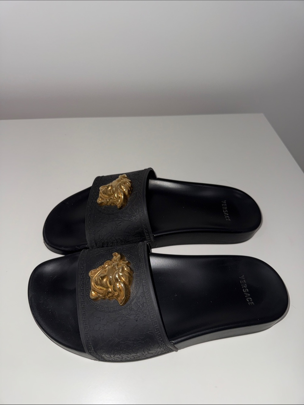 Authentic Versace Black Slides with Gold Medusa Accent
